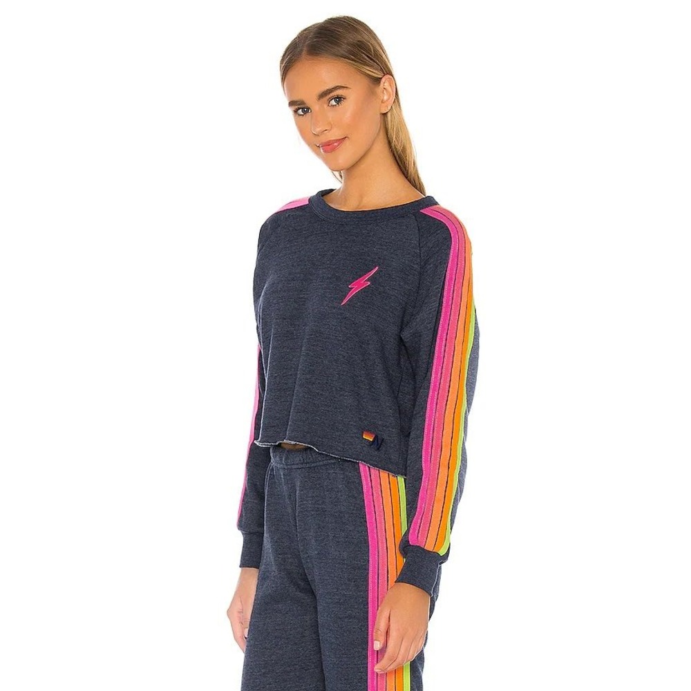 Aviator Nation Neon Rainbow Stripe Lightning Bolt Crop Sweatshirt XS